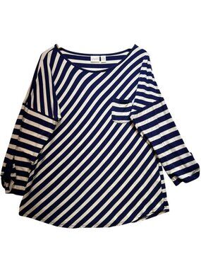 Chico's Women's Pullover Sweater Long Sleeve Size 3 Blue White Stripe Pocket